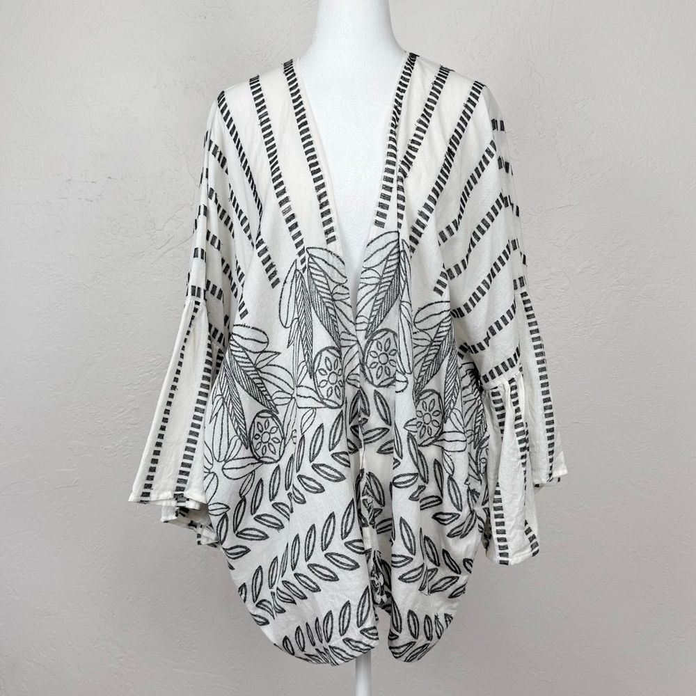 Anthropologie Kimono Style Embroidered Open Jacket Top Off White Black One Size